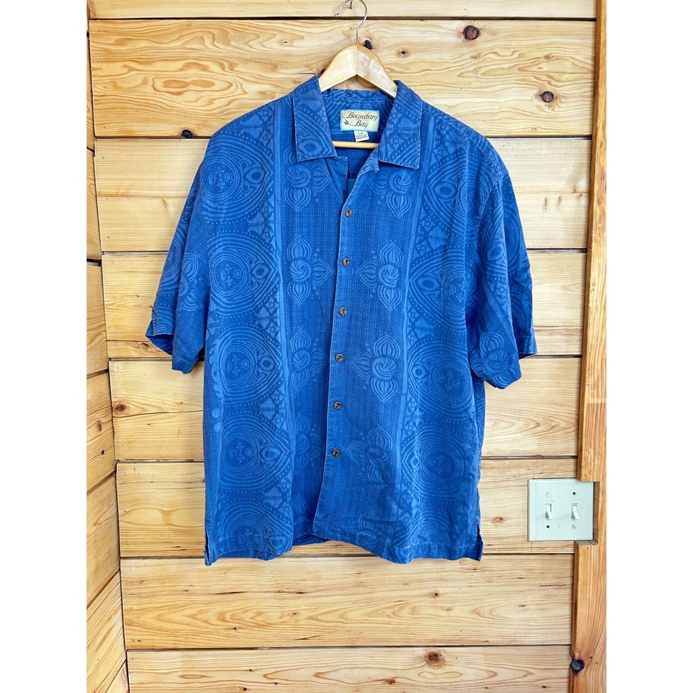 Boundary Bay Mens Blue 100% Silk Jacquard Medallion Camp Shirt Large Vintage Gol